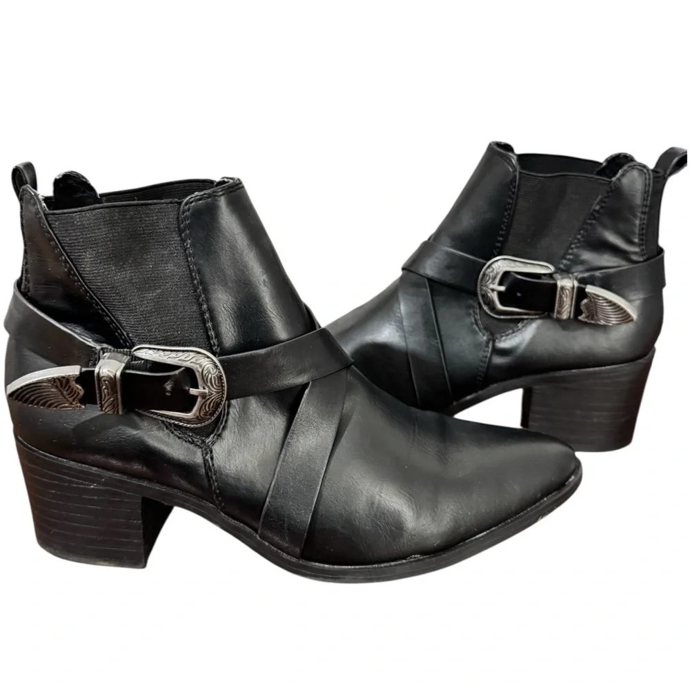 London Rag Womens Harlie Black Western Buckle Pointed Ankle Heeled Boots Boho 8 - Picture 2 of 13